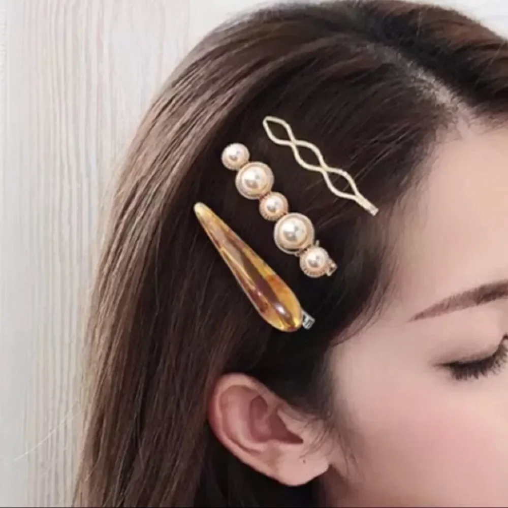Set of 3 Pearl Gray Marble Gold Hair Pin Barrettes NWT